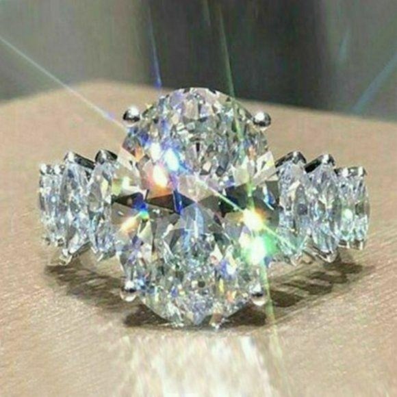 NEW 925 Sterling Silver Huge Oval Diamond Ring